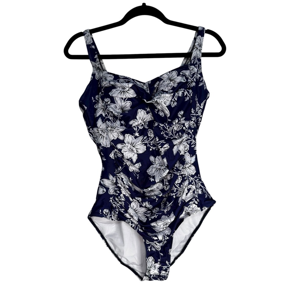 EKOUAER Navy White Floral One Piece Swimsuit Women's Size L Tummy‎ Control
